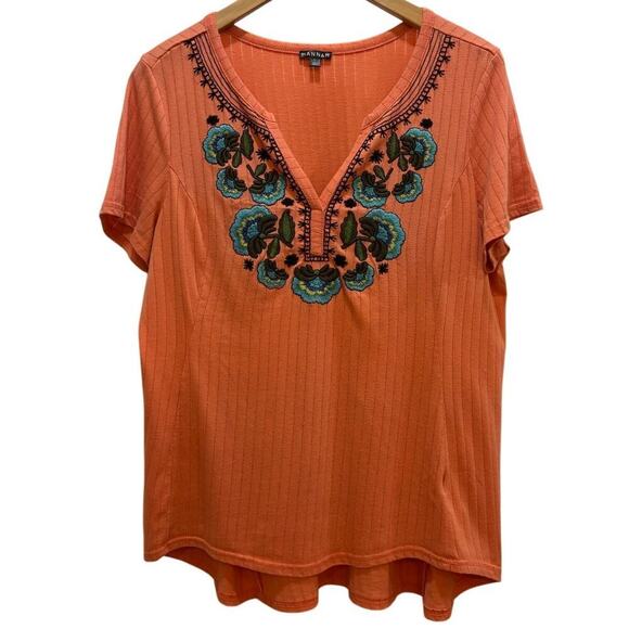 Hannah Tops - Hannah Women L Coral Short Sleeved Embroidered Floral V-neck Top Casual Relaxed